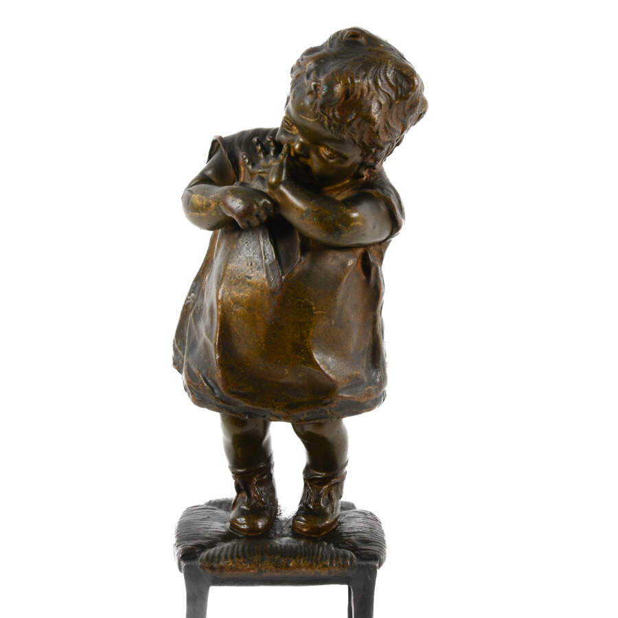 Signed Juan Clara Ayats's "Child on Stool" Bronze Sculpture-2