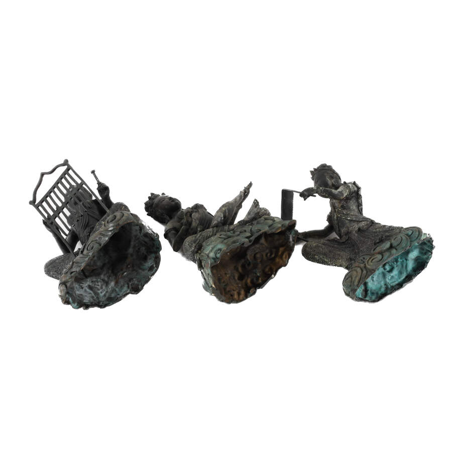 Bronze Group of Three Thai Women Musicians Seated Sculpture-8