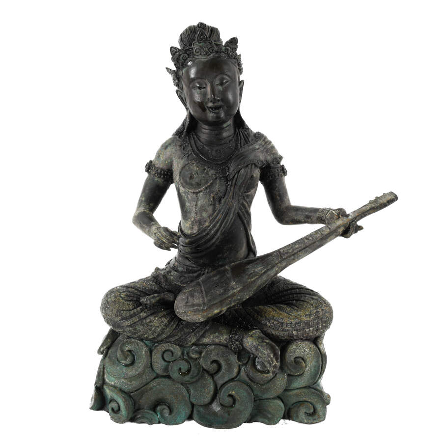 Bronze Group of Three Thai Women Musicians Seated Sculpture-7