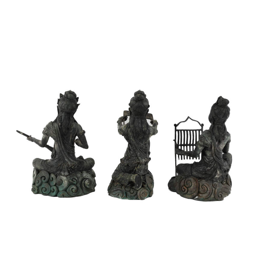 Bronze Group of Three Thai Women Musicians Seated Sculpture-3
