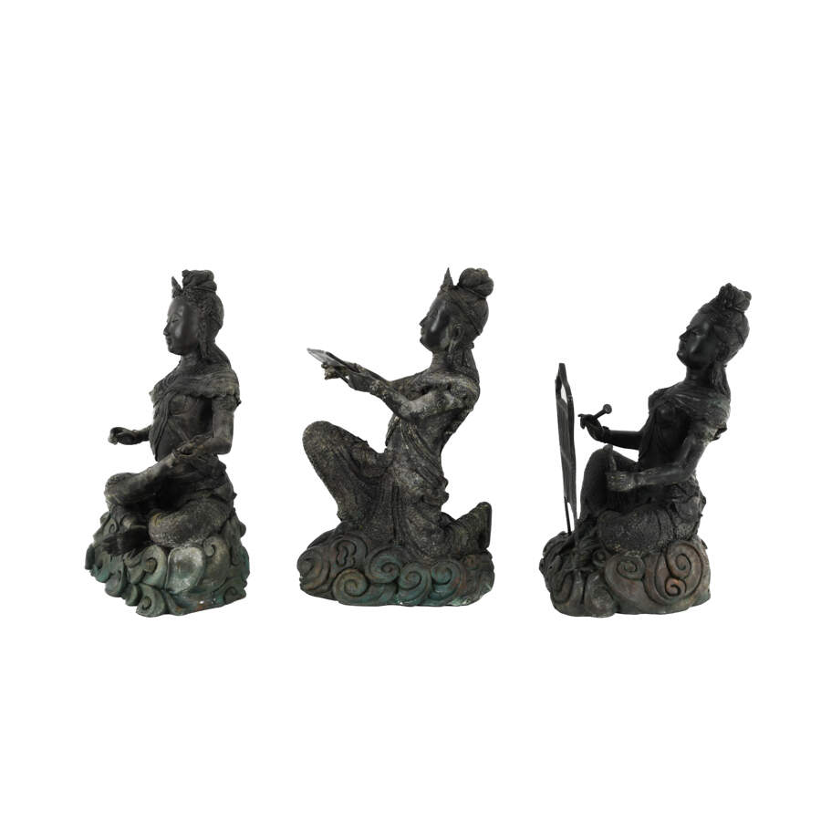 Bronze Group of Three Thai Women Musicians Seated Sculpture-2