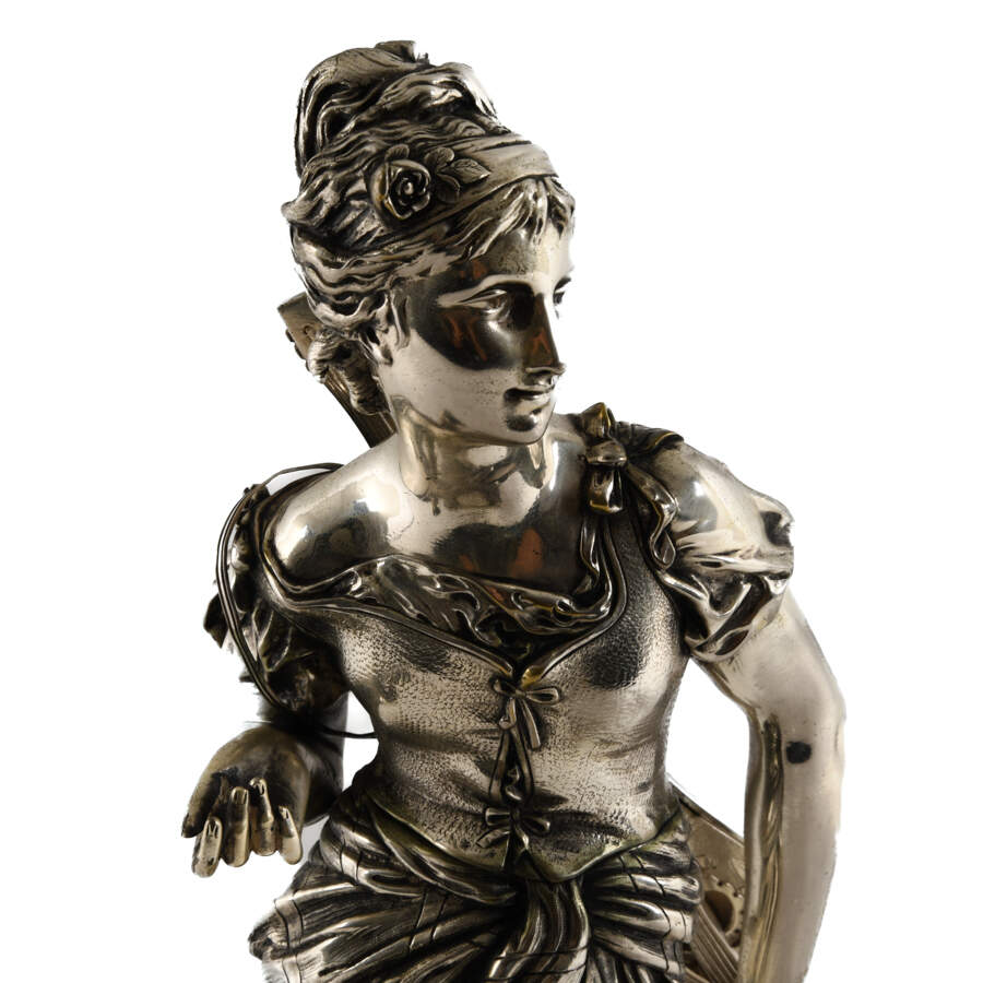 Antique Silver-Plated Bronze Muscian Statue by Adrien E. Gaudez-2