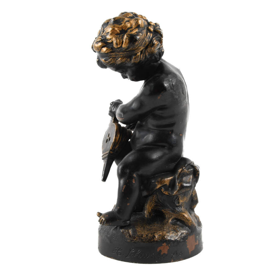 Bronze Seated Cherub Statue Signed H. Schwabe Lee-11
