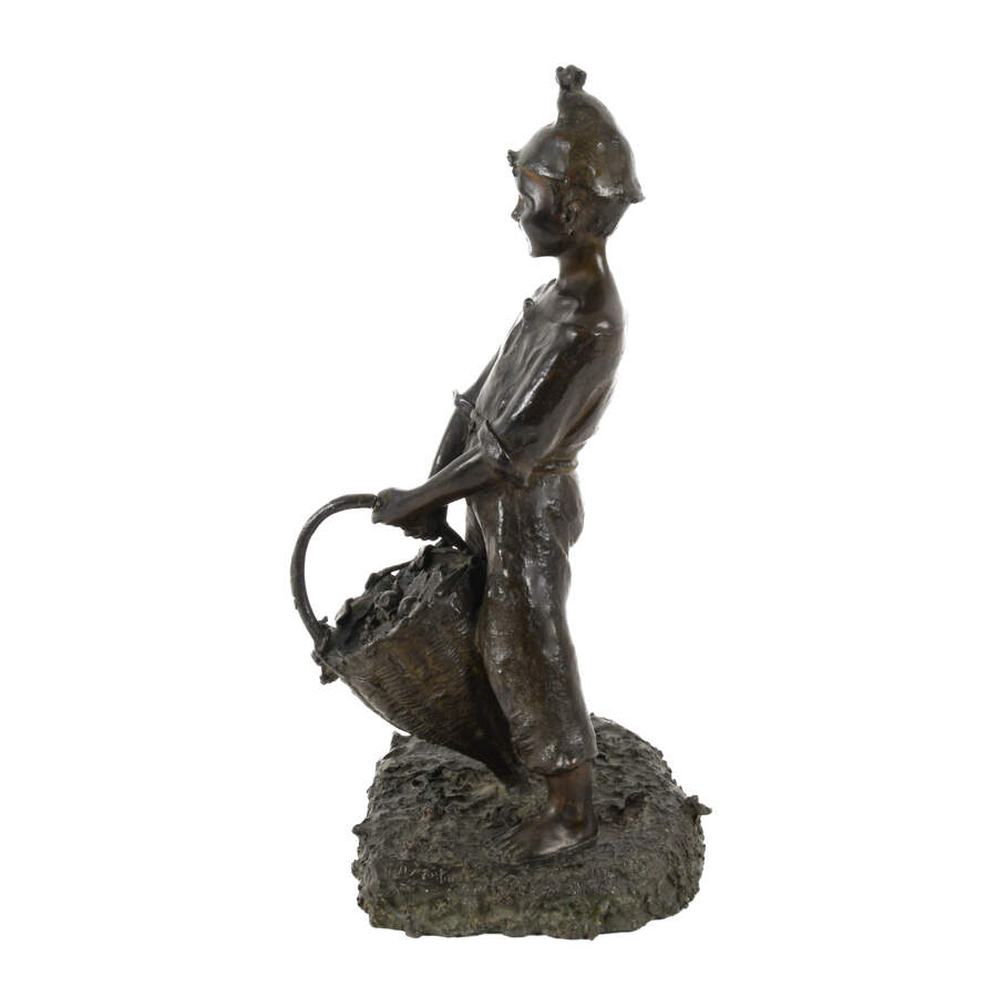 Antique Bronze Young Boy Carrying Basket-4