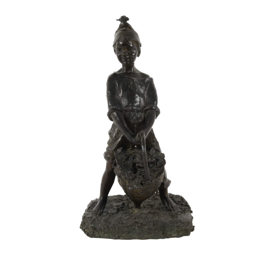 Antique Bronze Young Boy Carrying Basket-1