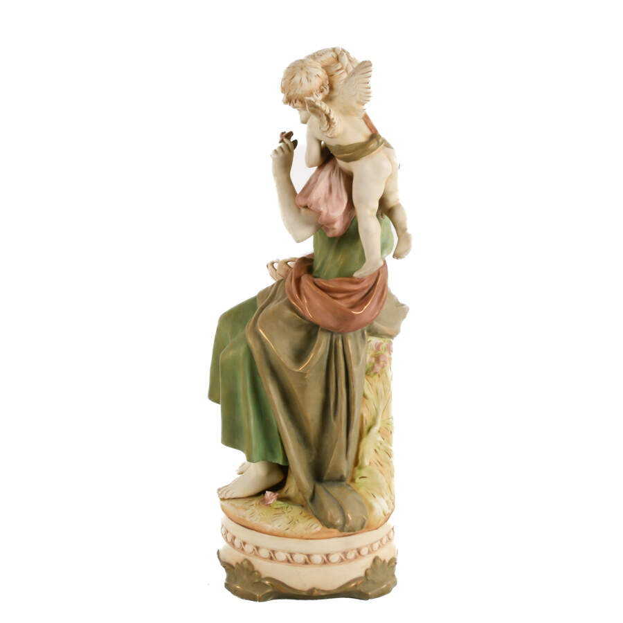 Antique Royal Dux Porcelain Seated Maiden and Putti Sculpture-3