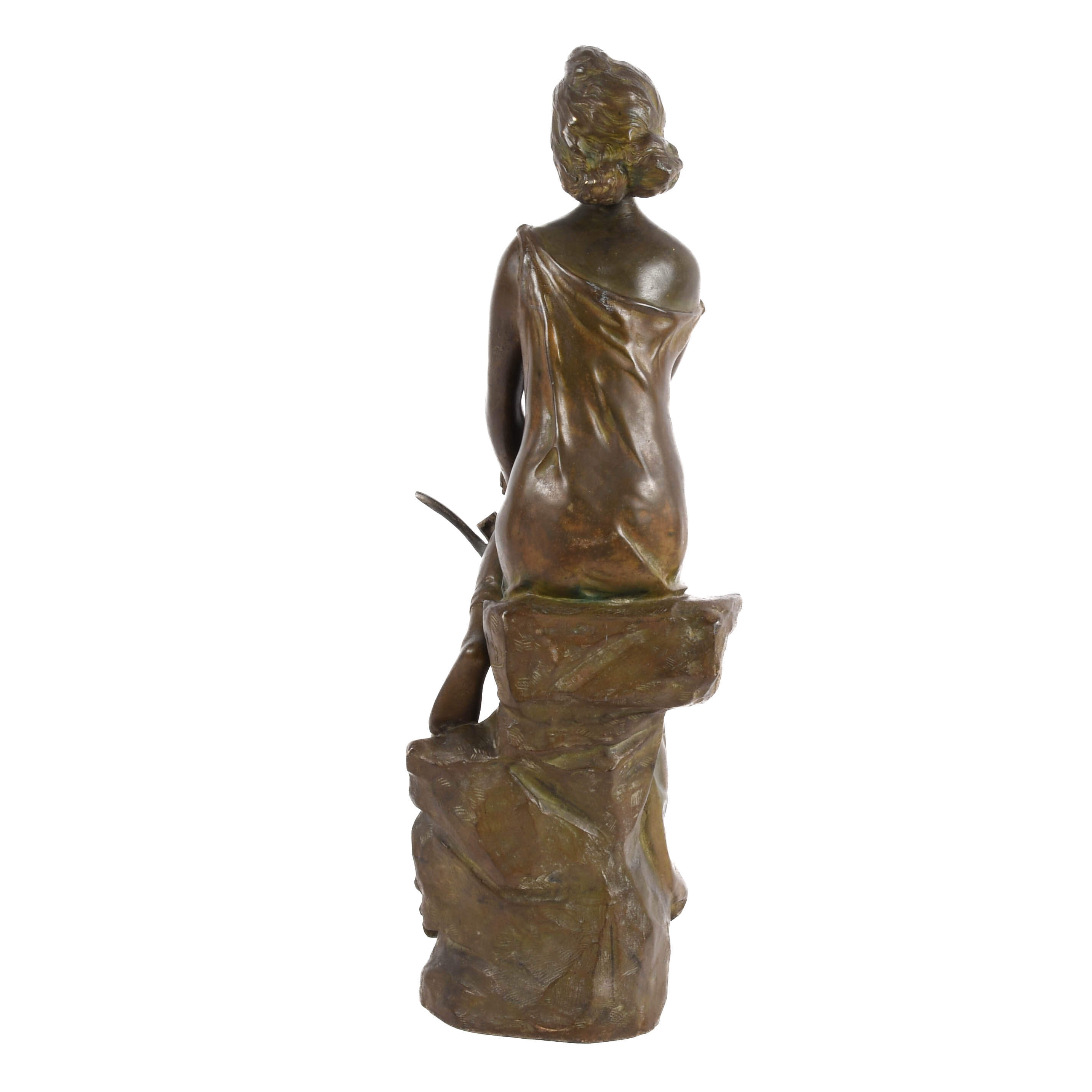 Pierre E. Daniel Campagne Bronze Seated Female with Lyra Sculpture-4