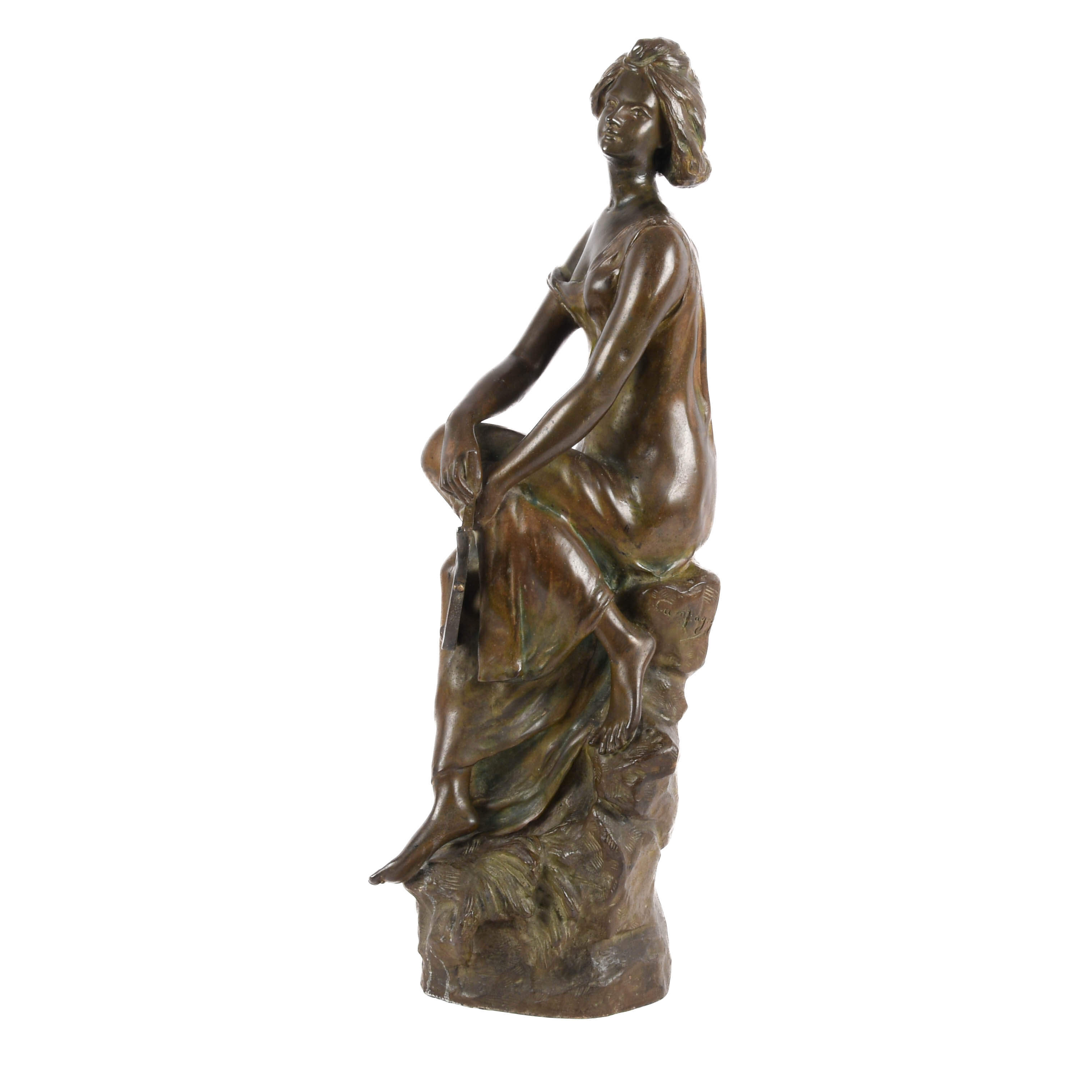 Pierre E. Daniel Campagne Bronze Seated Female with Lyra Sculpture-3