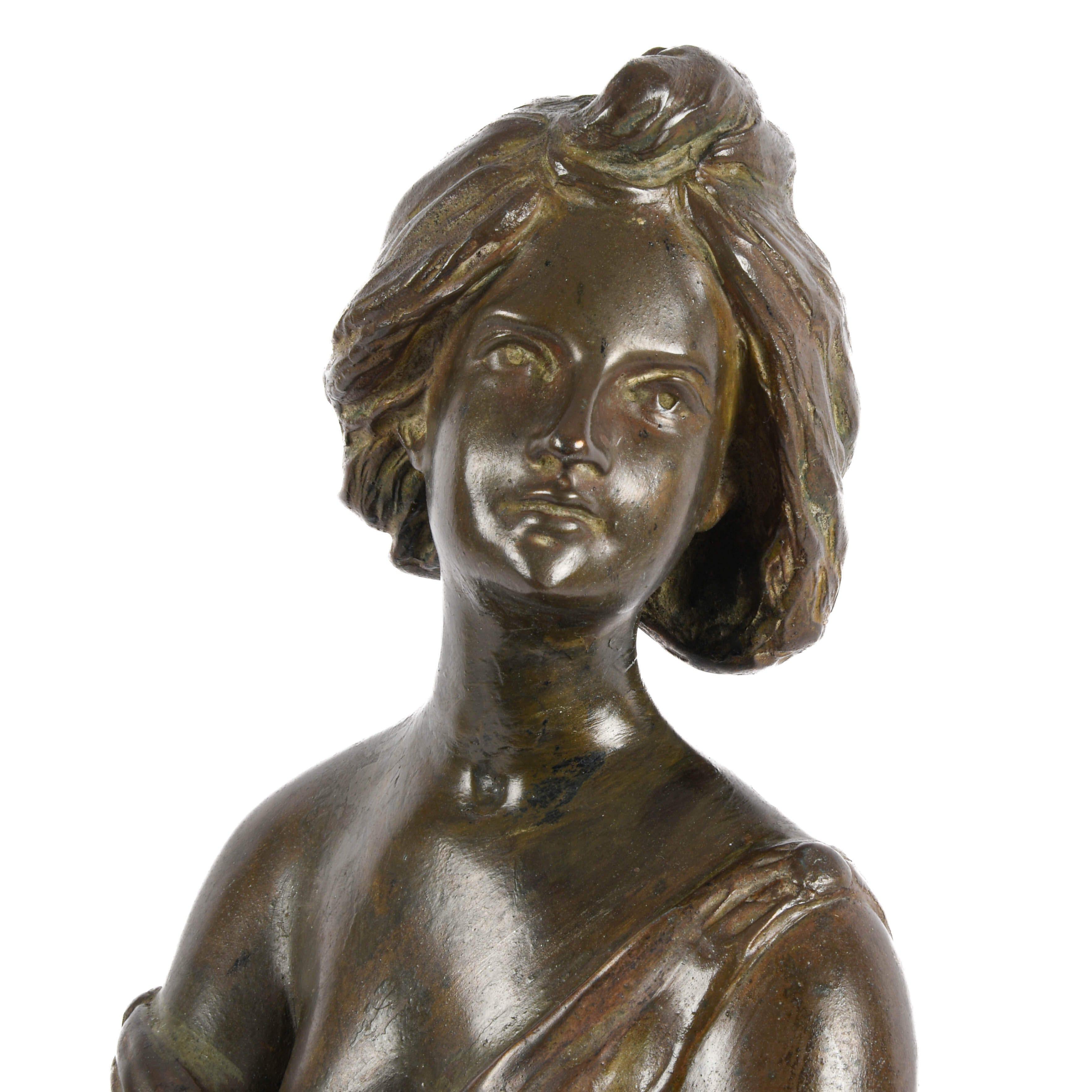 Pierre E. Daniel Campagne Bronze Seated Female with Lyra Sculpture-2