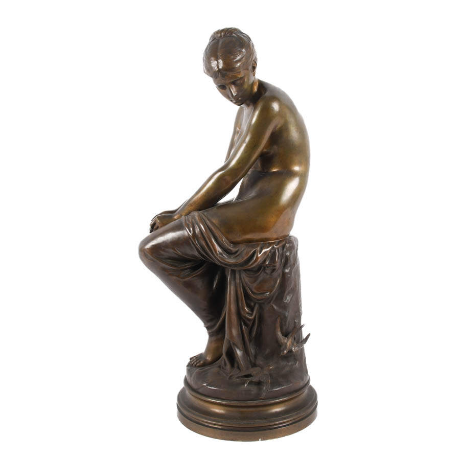 "Les Hirondelles" French Bronze Seated Nude Auguste Joseph Peiffer-2