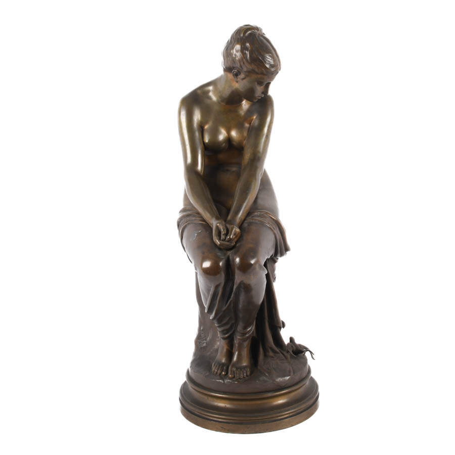 "Les Hirondelles" French Bronze Seated Nude Auguste Joseph Peiffer-1