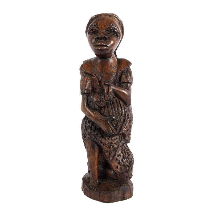 African Hand-Carved Wood Mother and Baby Sculpture-1