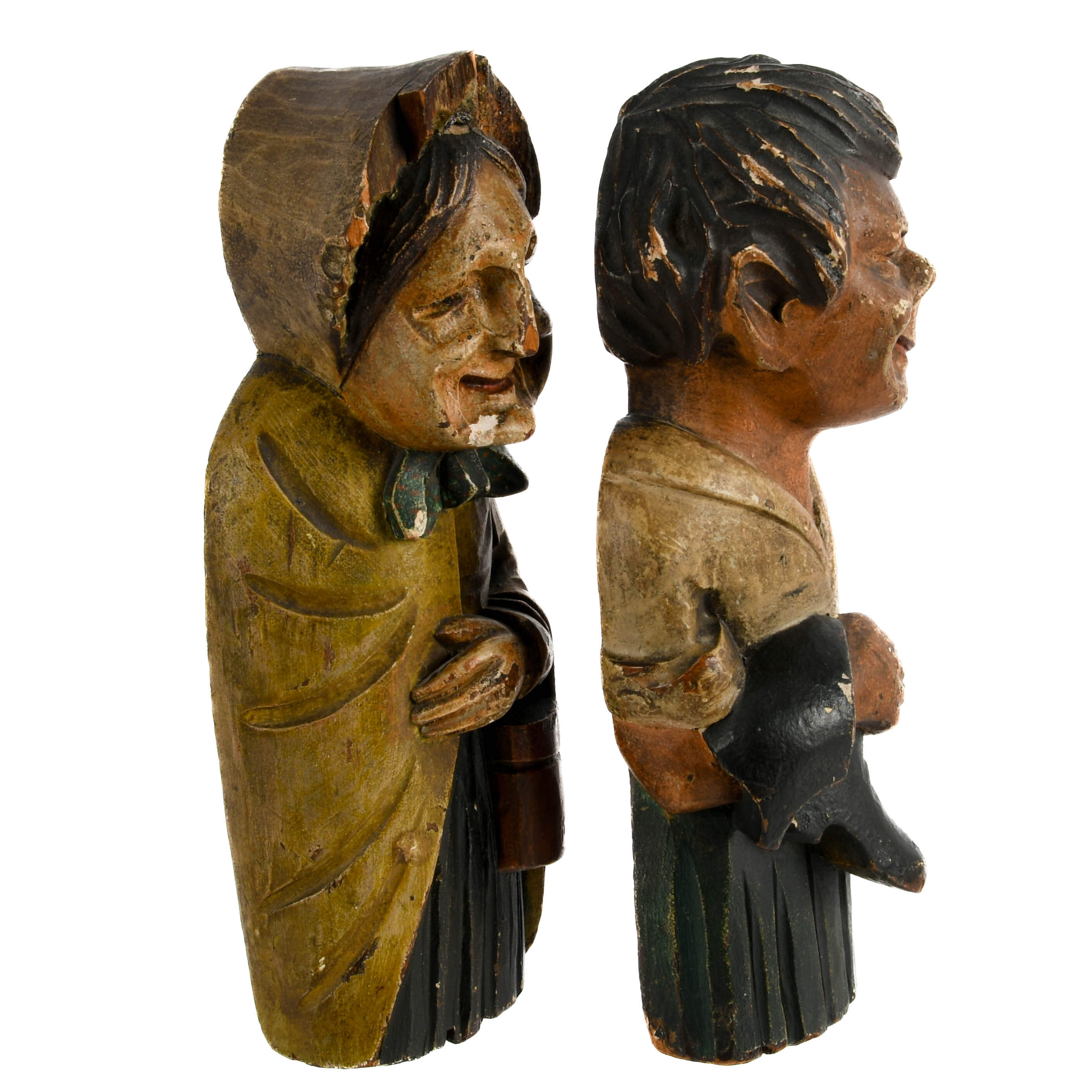 Antique Pair of Hand-Carved Mother and Son Polychrome Wood Figures-9