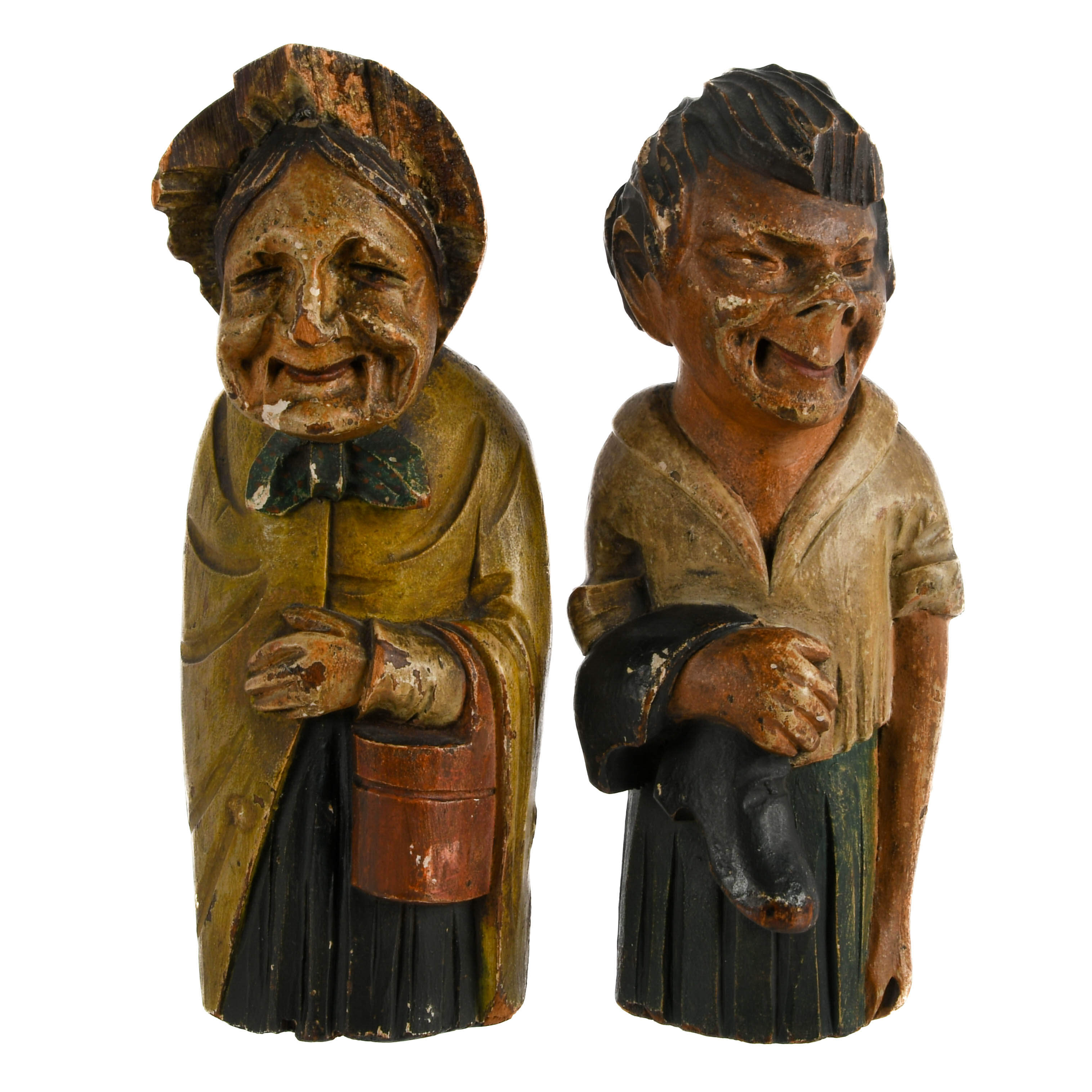 Antique Pair of Hand-Carved Mother and Son Polychrome Wood Figures-1