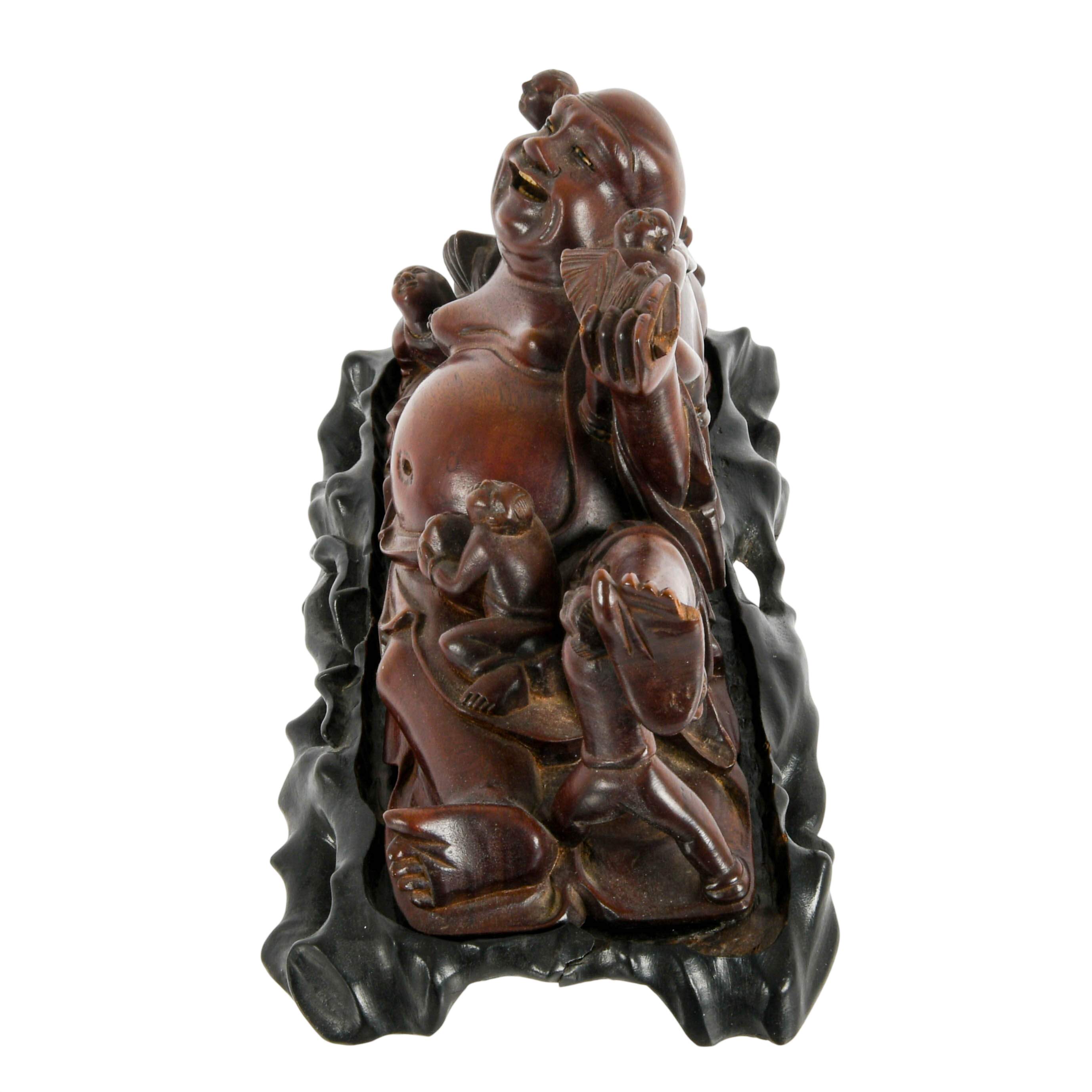 Carved Wooden Laughing Buddha Sculpture on Base-5