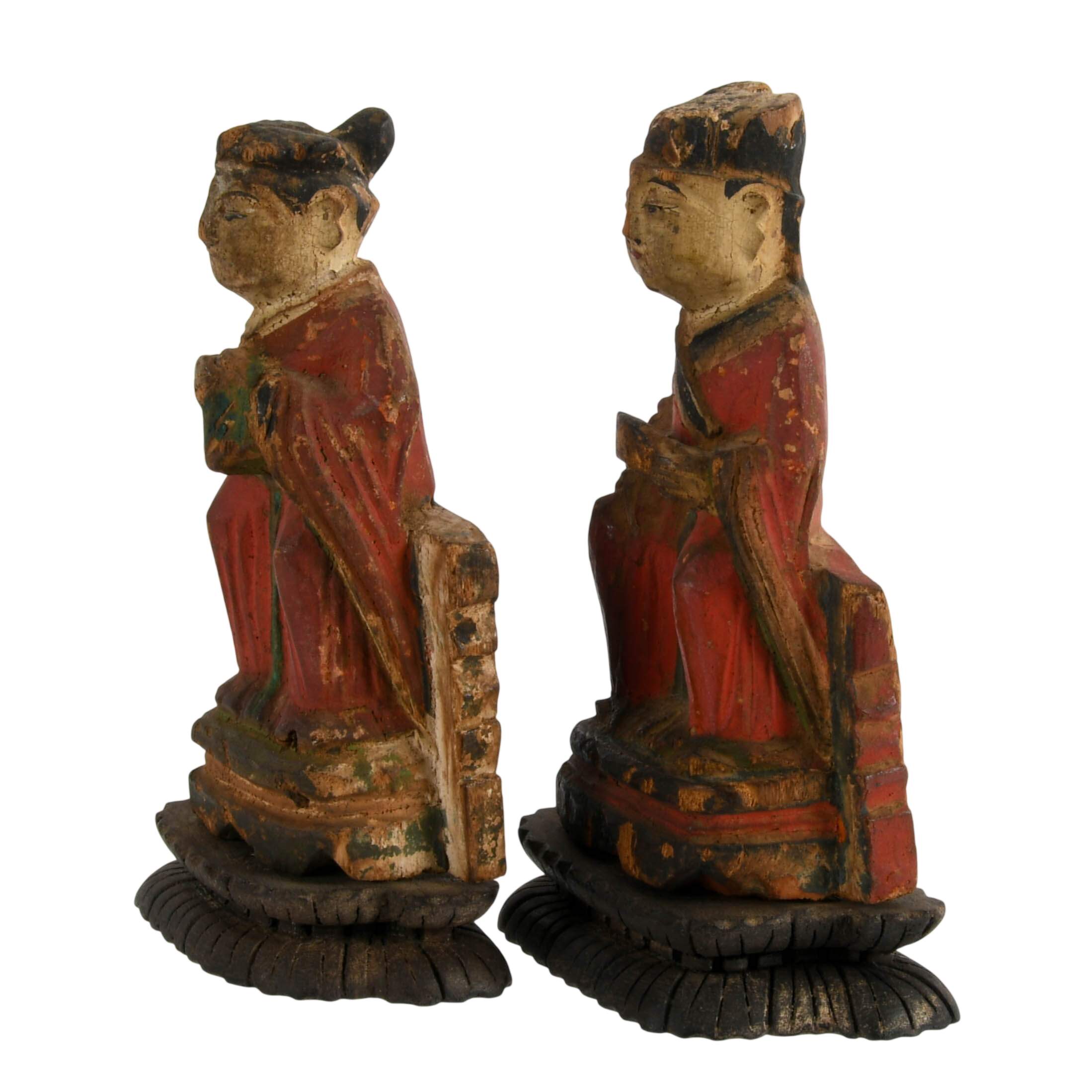 Pair of Antique Chinese Polychrome Carved Wood Altar Figures-2