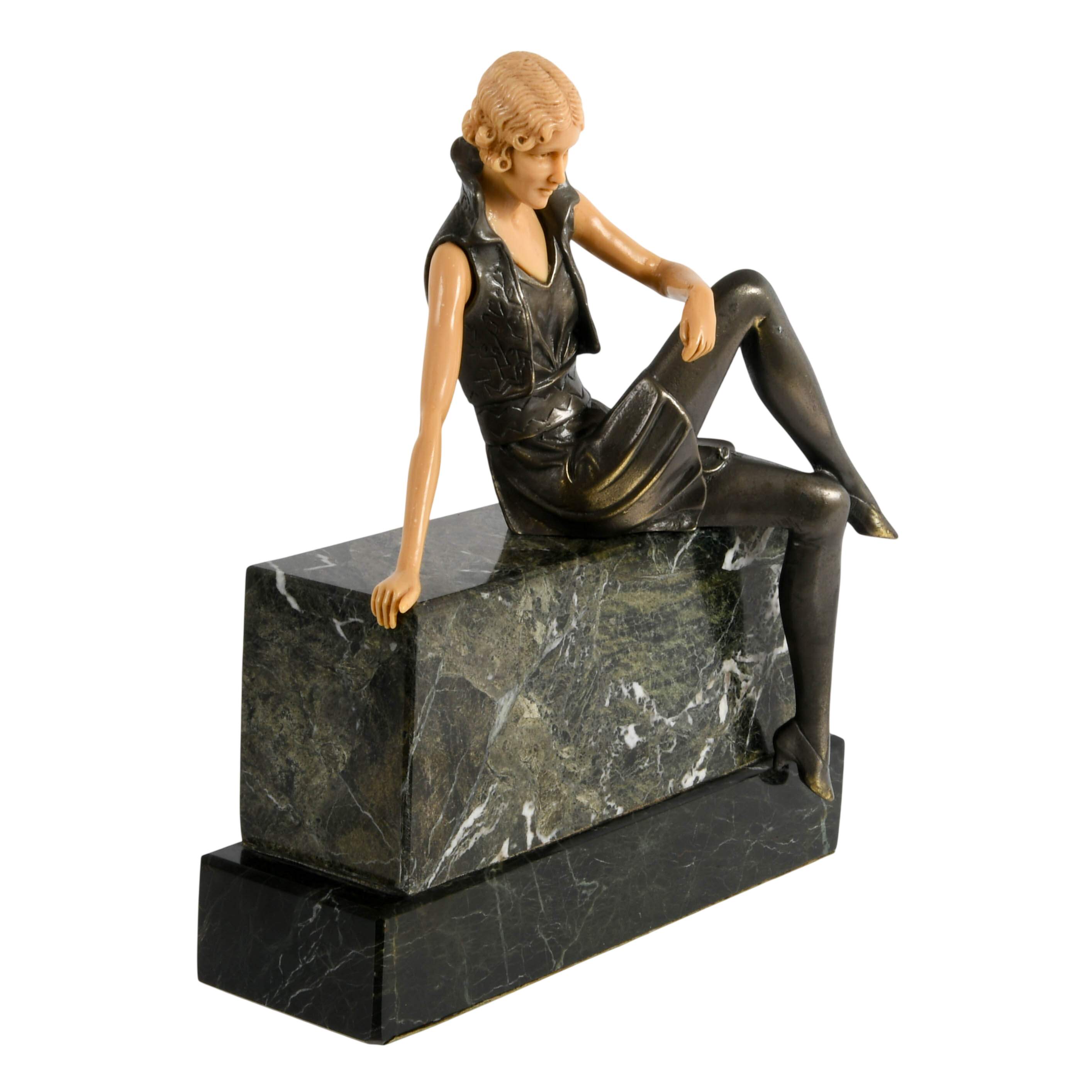 Bronze Celluloid and Onyx "Girl on a Wall" After Ferdinand Preiss-7