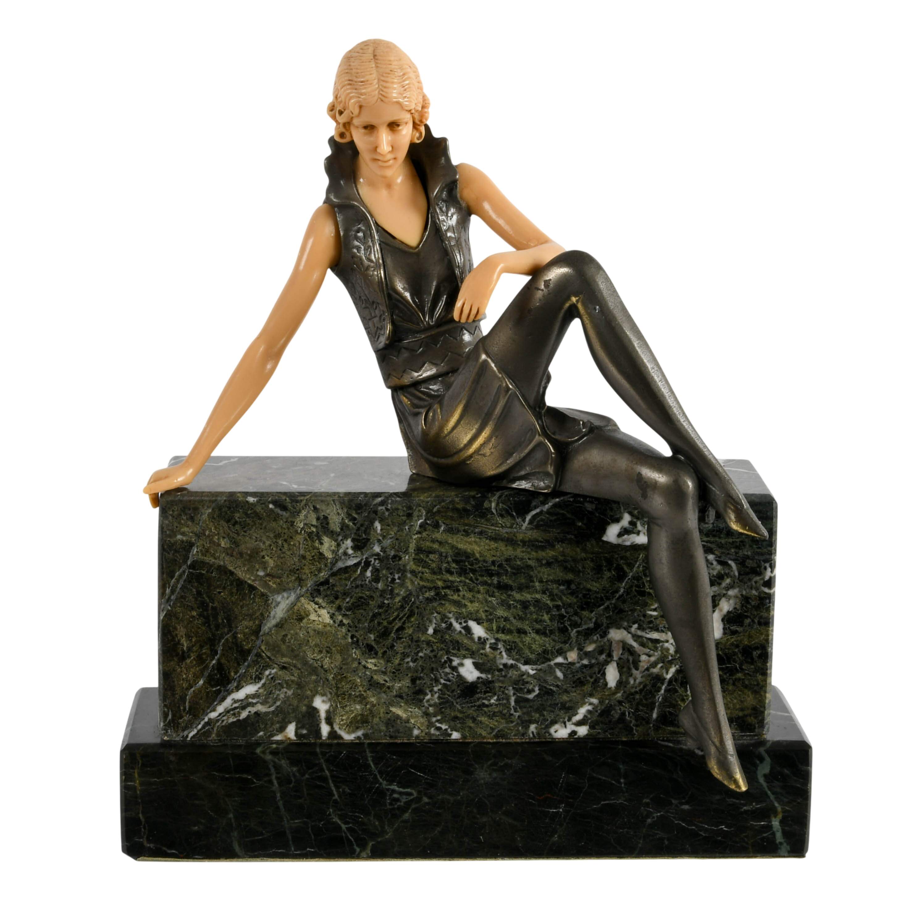 Bronze Celluloid and Onyx "Girl on a Wall" After Ferdinand Preiss-1