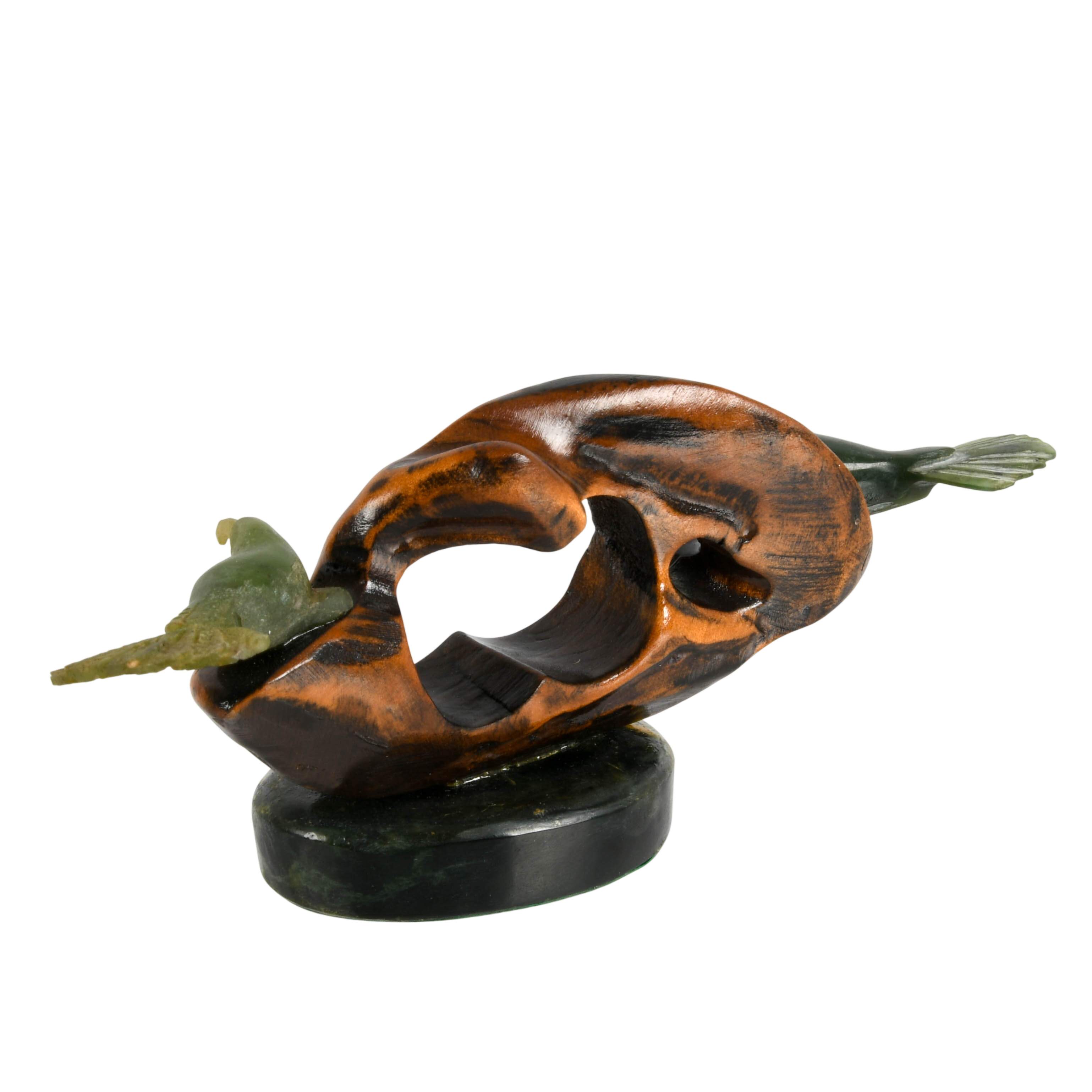 New Zealand Pounamu Greenstone Jade and Native Wood Huia Bird Sculpture-4