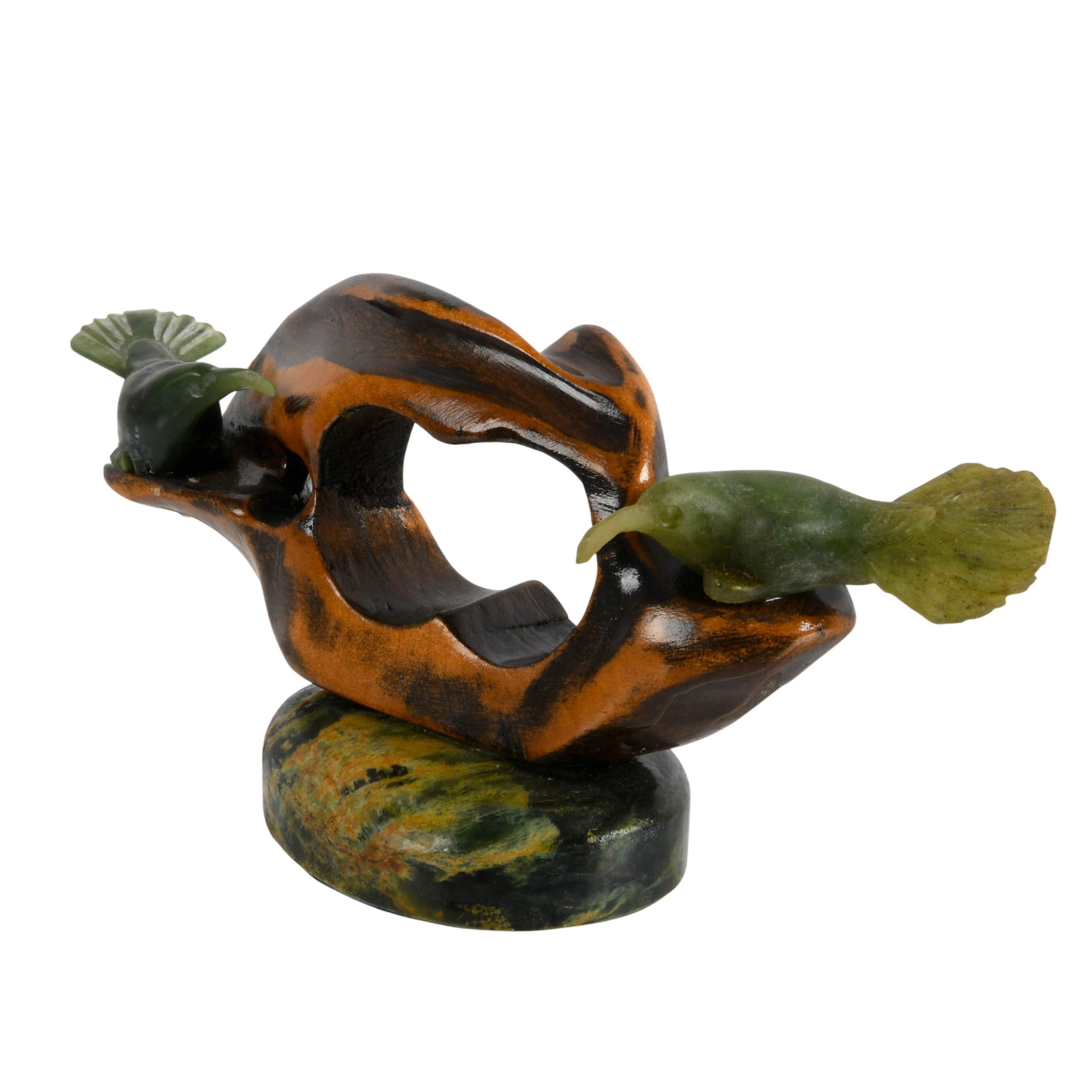 New Zealand Pounamu Greenstone Jade and Native Wood Huia Bird Sculpture-3