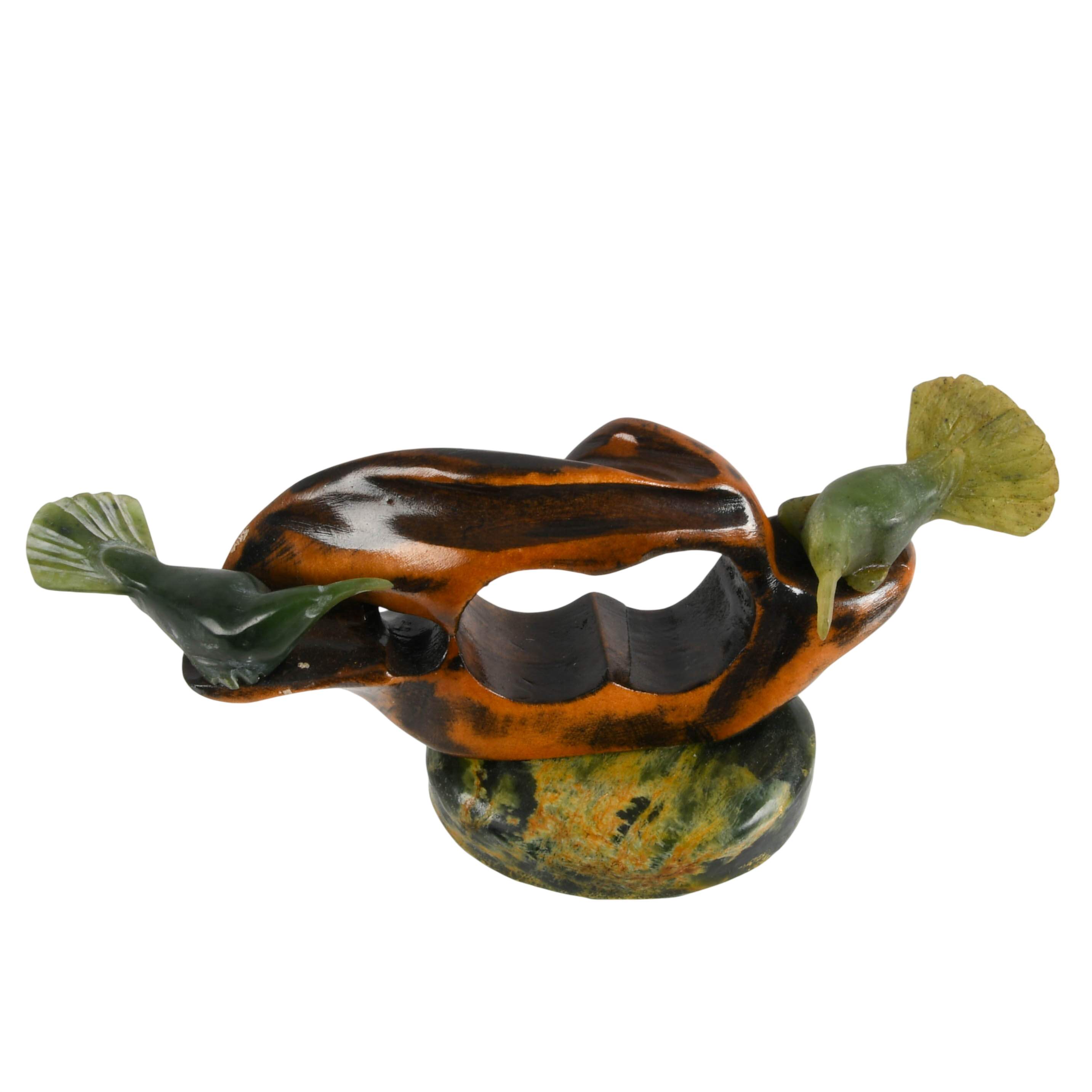 New Zealand Pounamu Greenstone Jade and Native Wood Huia Bird Sculpture-2