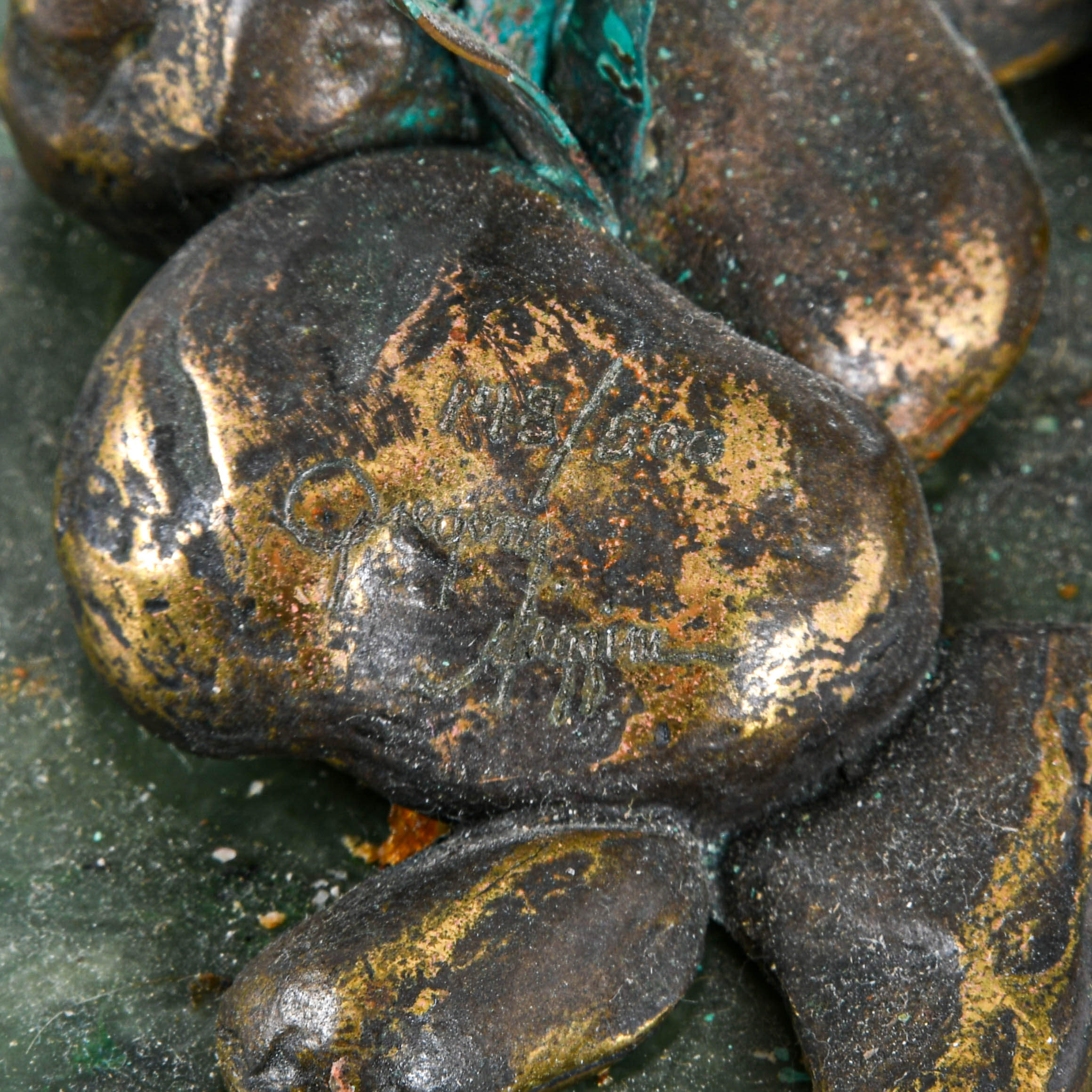 Limited-Edition Gregory Higgins Green Marble and Bronze Fish Sculpture-15