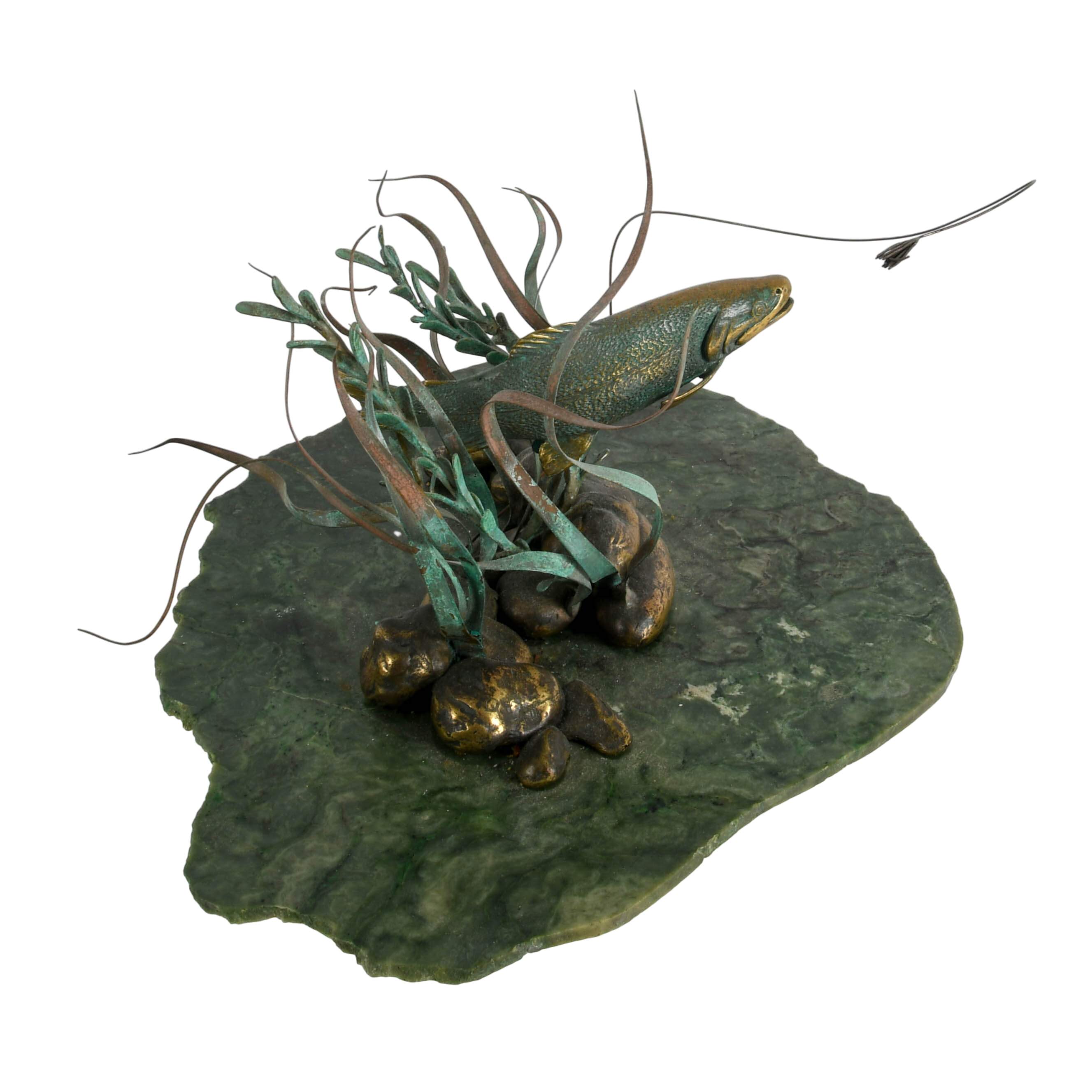Limited-Edition Gregory Higgins Green Marble and Bronze Fish Sculpture-14