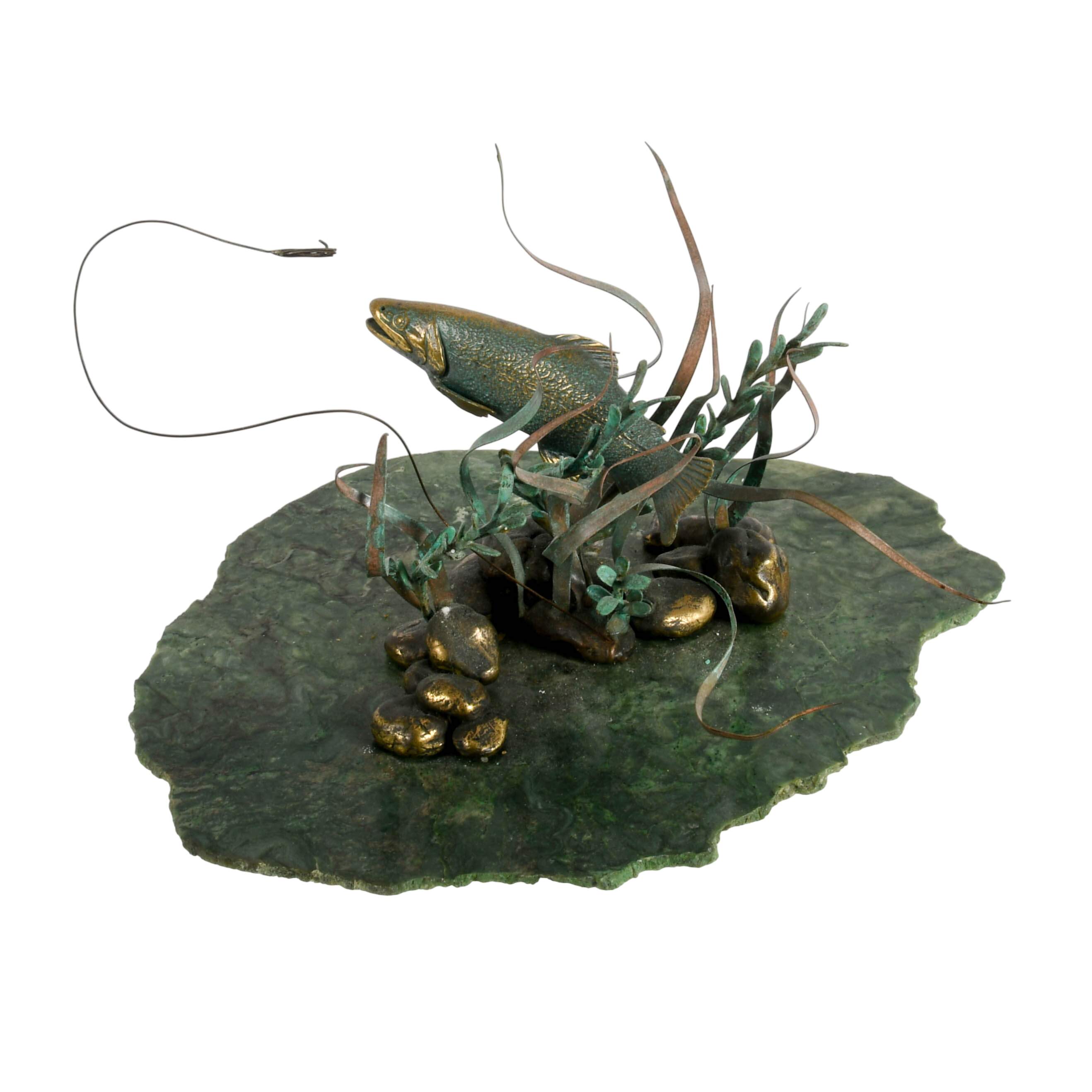Limited-Edition Gregory Higgins Green Marble and Bronze Fish Sculpture-12