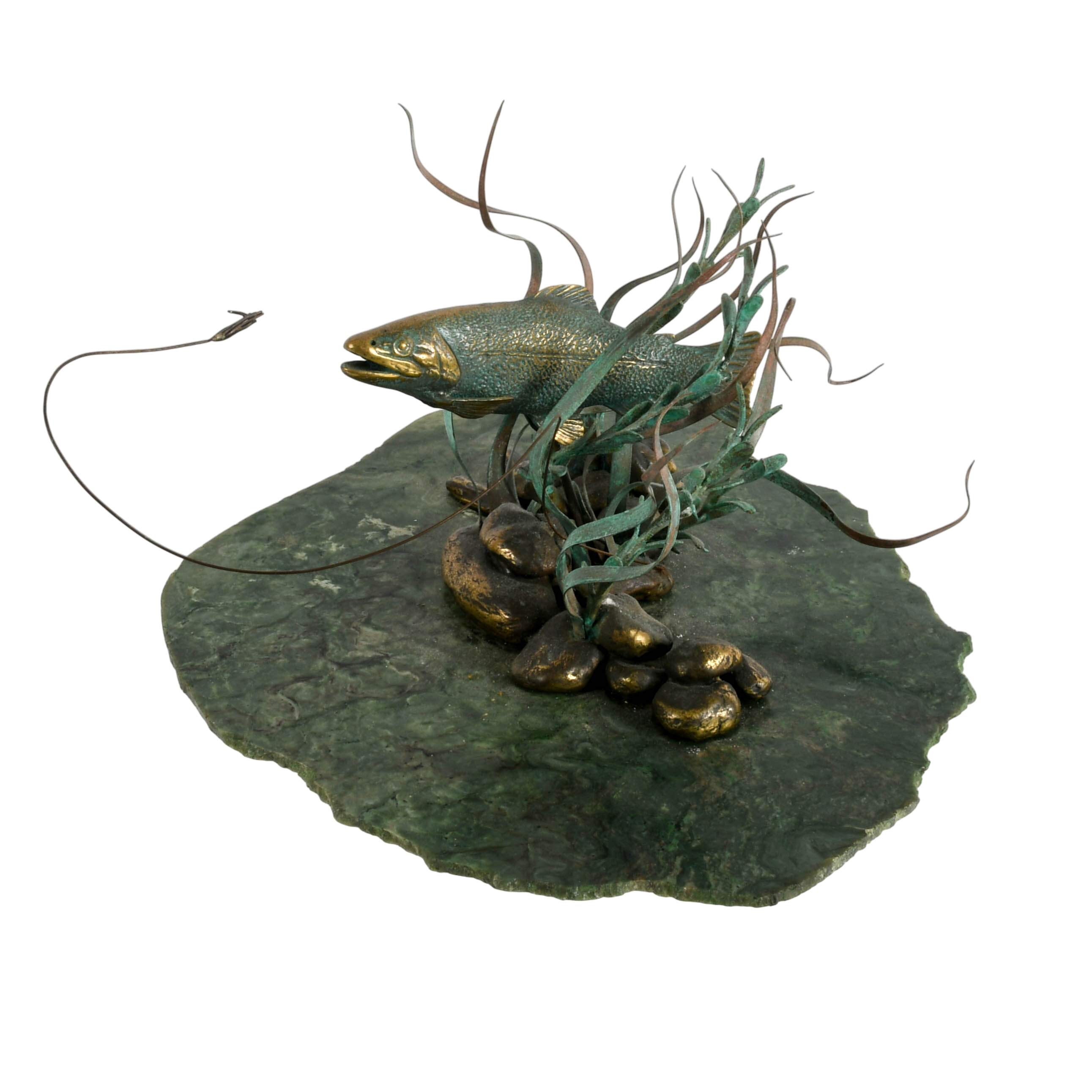 Limited-Edition Gregory Higgins Green Marble and Bronze Fish Sculpture-11