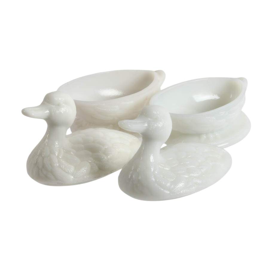 Antique Pair of Vallerysthal Opalescent Milk Glass Ducks on Nests-5
