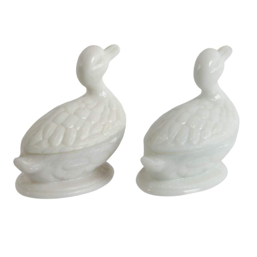 Antique Pair of Vallerysthal Opalescent Milk Glass Ducks on Nests-4