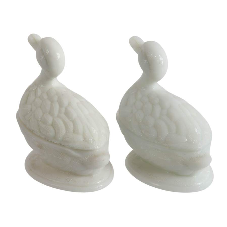 Antique Pair of Vallerysthal Opalescent Milk Glass Ducks on Nests-3