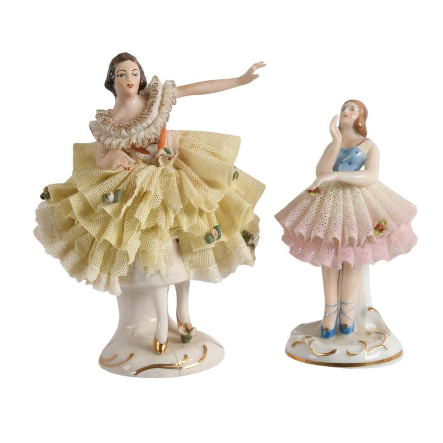 Antique Porcelain Dresden Lace Mother and Daughters Figurines-10