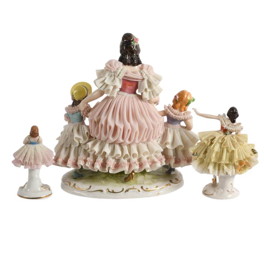 Antique Porcelain Dresden Lace Mother and Daughters Figurines-5