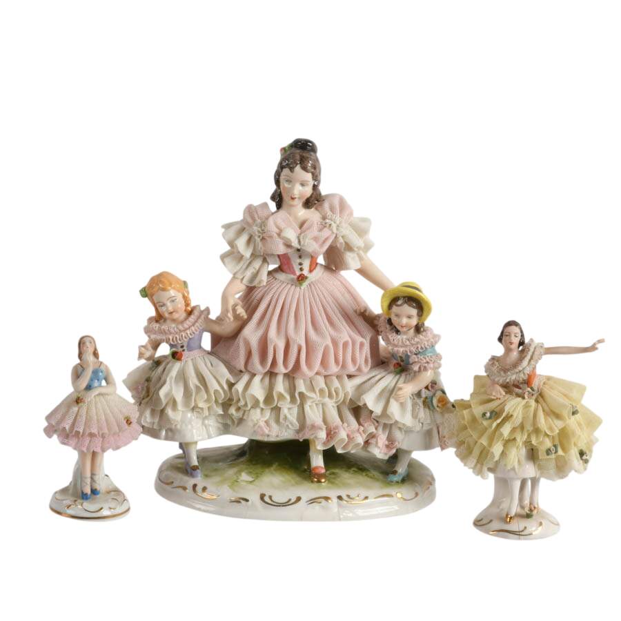 Antique Porcelain Dresden Lace Mother and Daughters Figurines-1