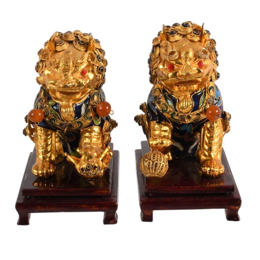 Pair of Cloisonné Copper Enamel Imperial Lions Figurines-1