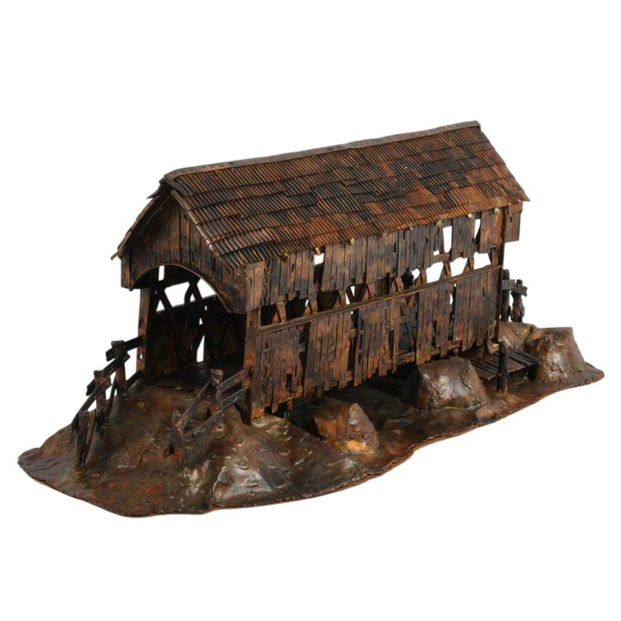 Signed Copper Covered Bridge Sculpture Attributed to Curtis Clawson-5