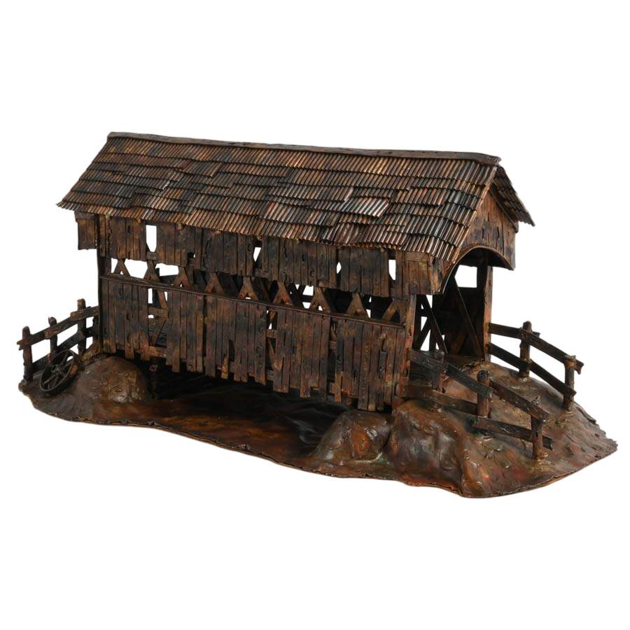 Signed Copper Covered Bridge Sculpture Attributed to Curtis Clawson-2