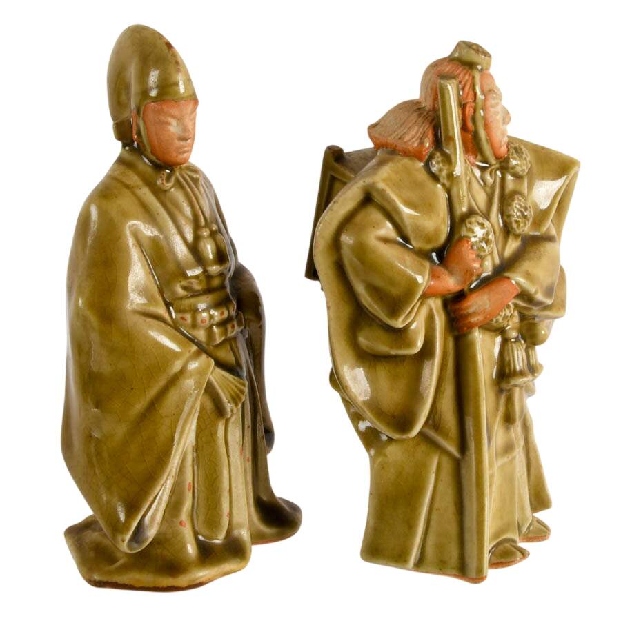 Pair of Celadon Glaze Japanese Kutani Monk Figures-8