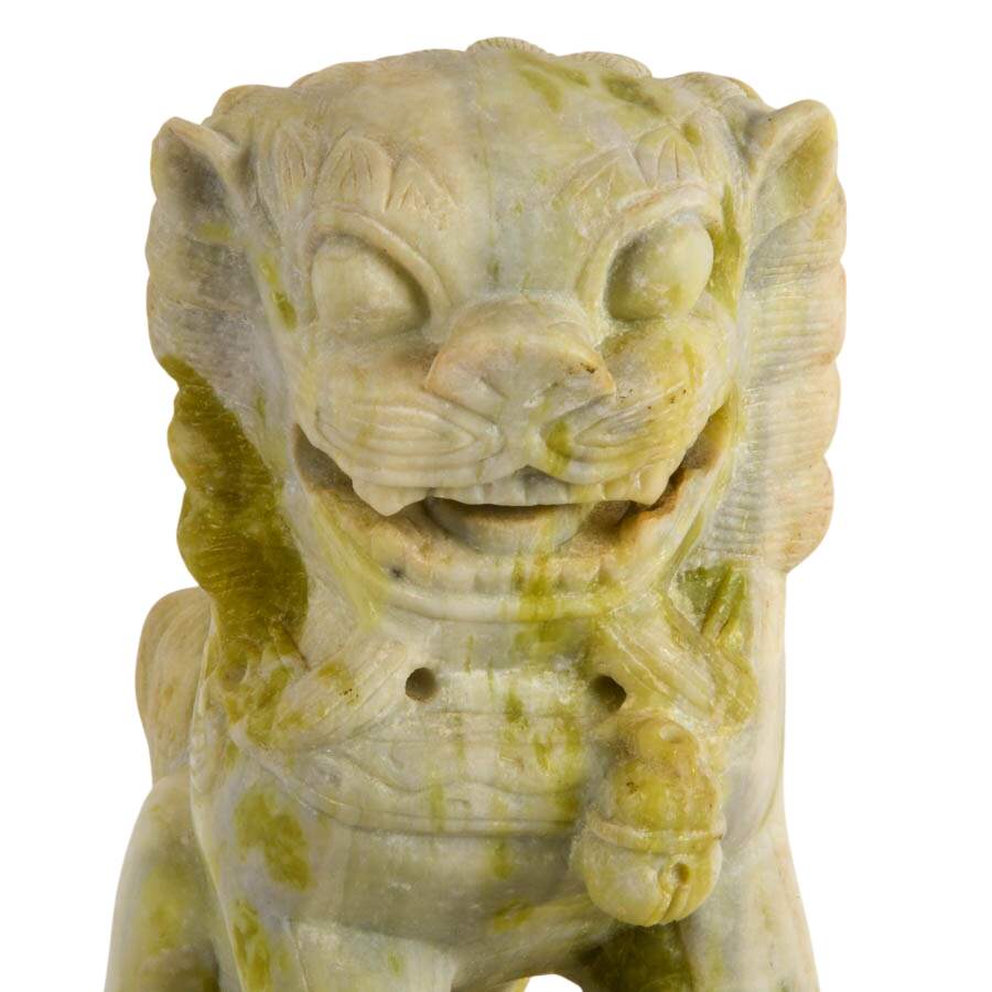 Pair of Carved Green Stone Chinese Guardian Lion Figures-7