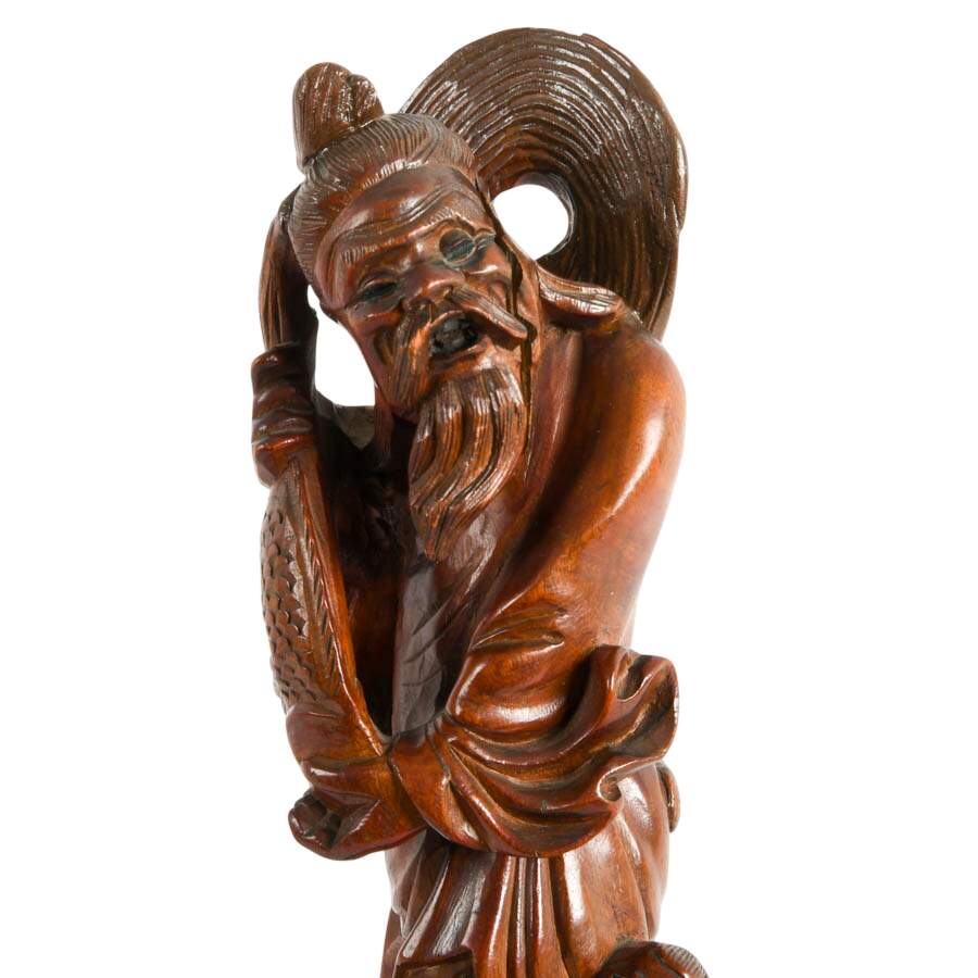 Chinese Wood Carving Fisherman Figurine-2