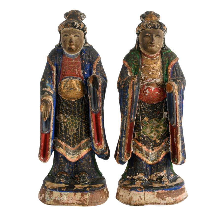 Pair of Antique Polychrome Wood Asian Figures-1