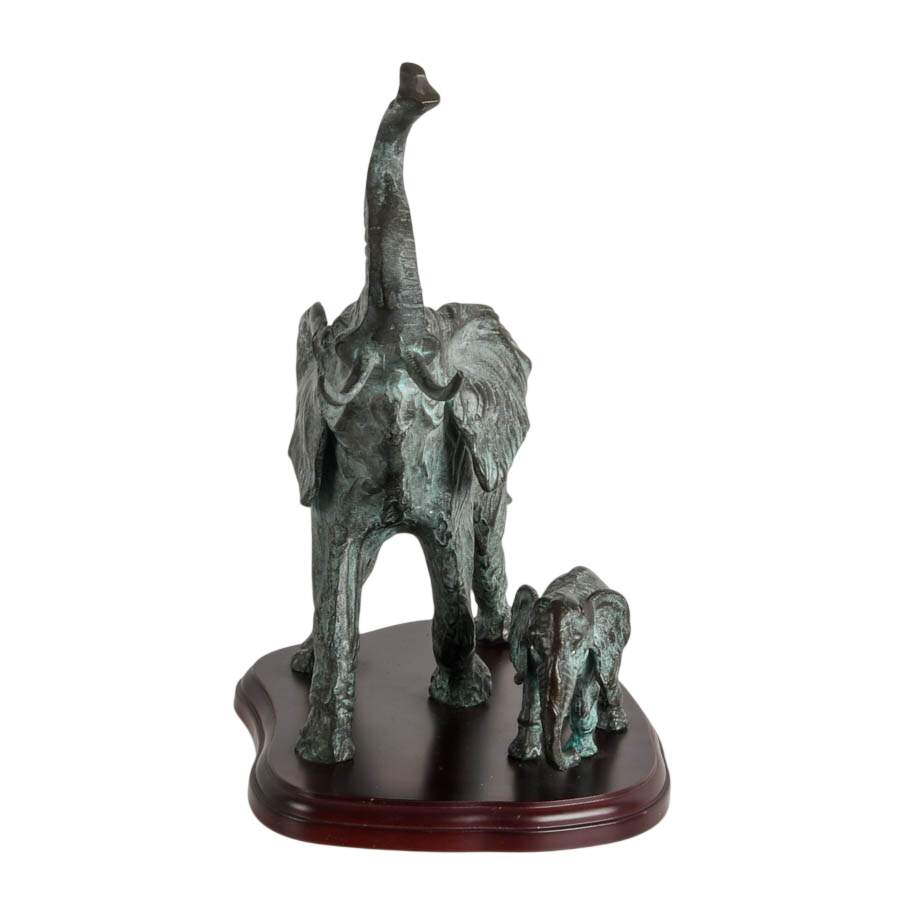 SPI Cast Bronze Mother and Baby Elephant Sculpture on Wood Base-9