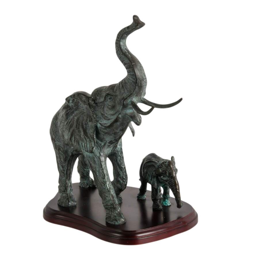 SPI Cast Bronze Mother and Baby Elephant Sculpture on Wood Base-8