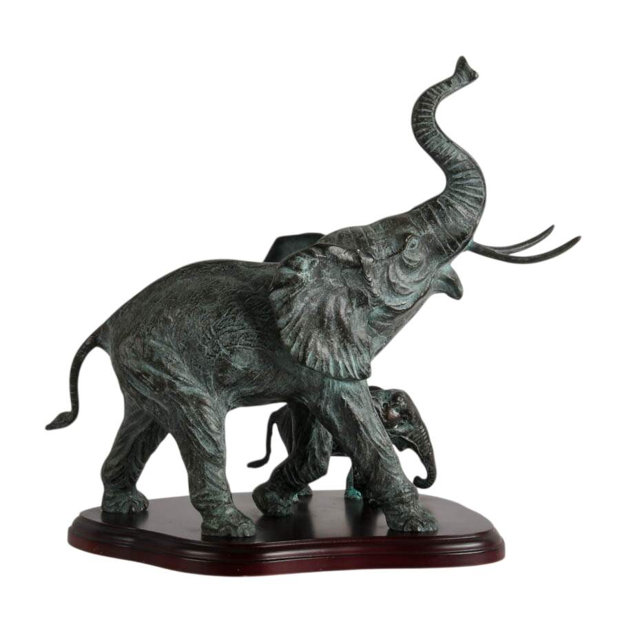 SPI Cast Bronze Mother and Baby Elephant Sculpture on Wood Base-7