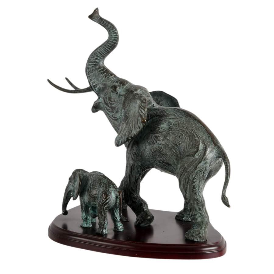SPI Cast Bronze Mother and Baby Elephant Sculpture on Wood Base-4