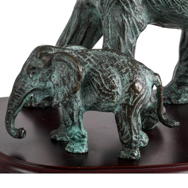 SPI Cast Bronze Mother and Baby Elephant Sculpture on Wood Base-2