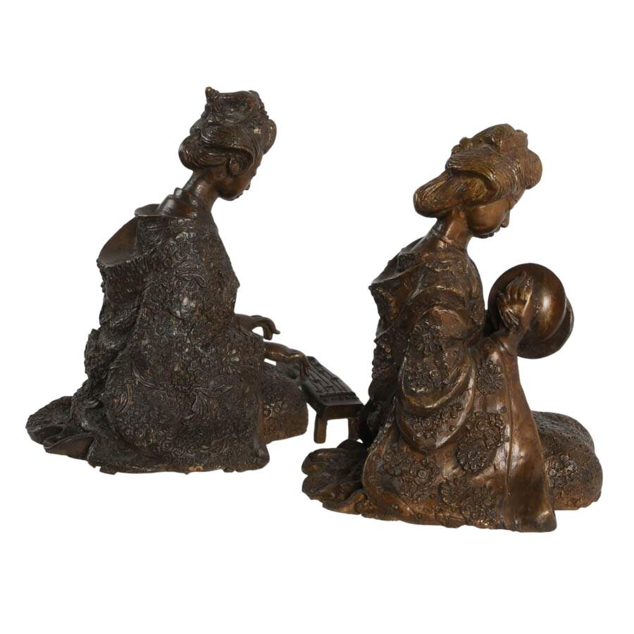 Pair of Japanese Bronze Musical Geisha Figures-4