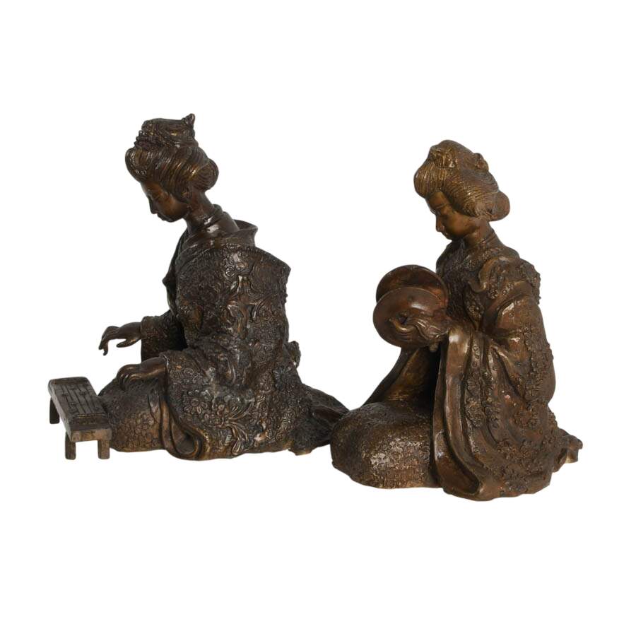 Pair of Japanese Bronze Musical Geisha Figures-2