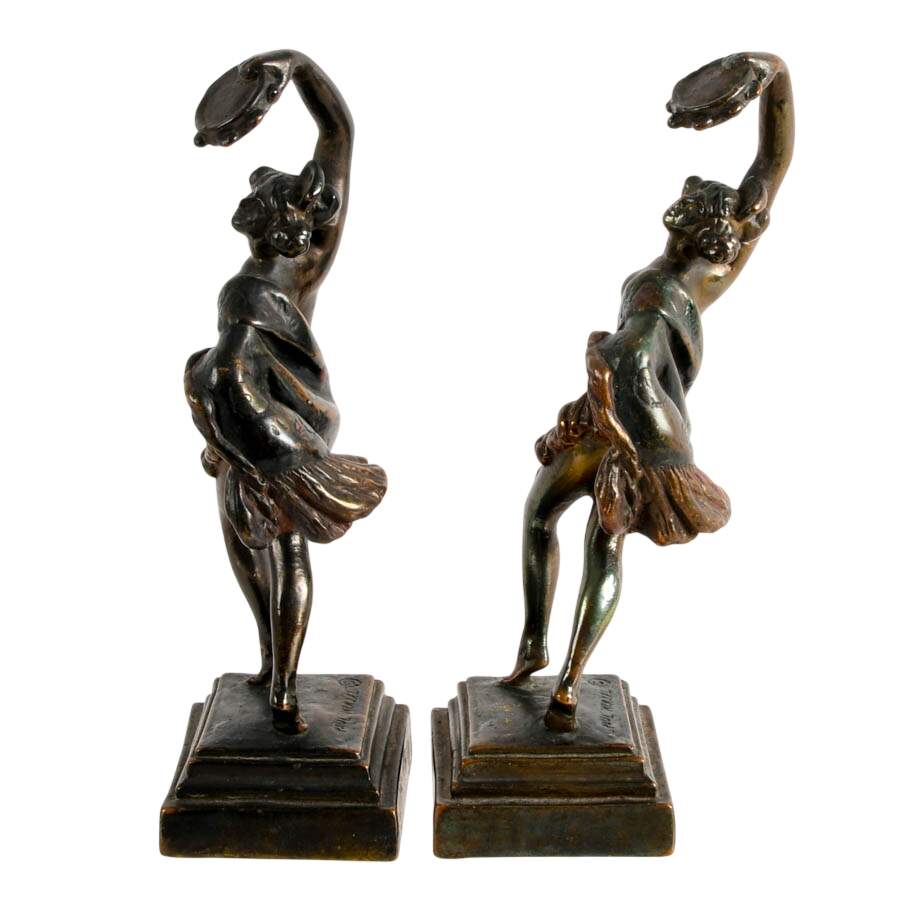 Pair of Signed Paul Herzel Bronze Spanish Tambourine Dancer Figures-5